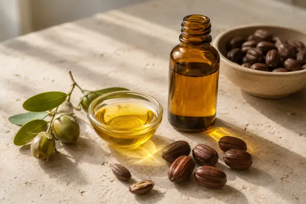 Golden jojoba oil in an amber bottle with jojoba seeds, fruit, and leaves arranged on a neutral stone surface
