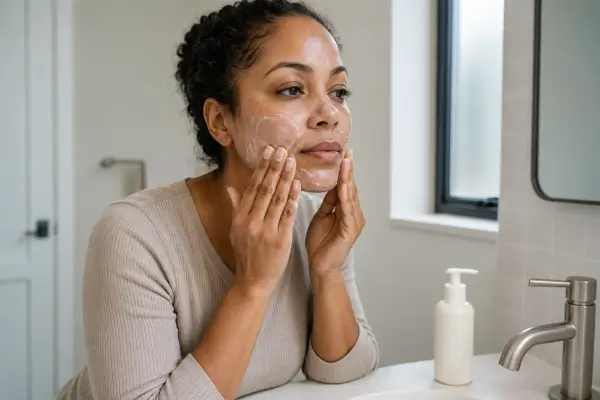 Woman of color gently cleansing her face with a foaming cleanser at a bathroom sink