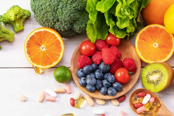 Fresh fruits, vegetables, berries, and leafy greens arranged alongside vitamin supplements and capsules.