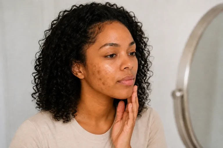 Woman looking in the mirror at flat post-acne marks on her cheek.
