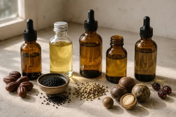 Five unbranded plant oils with natural ingredients including seeds and fruits arranged on a neutral surface in warm light