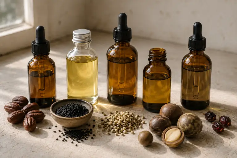 Five unbranded plant oils with natural ingredients including seeds and fruits arranged on a neutral surface in warm light