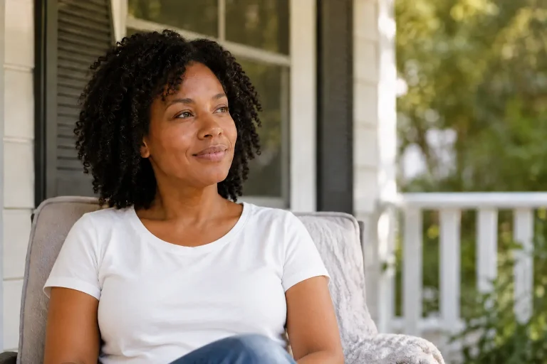 Woman of color sitting on a porch with an open book, reflecting in soft natural light