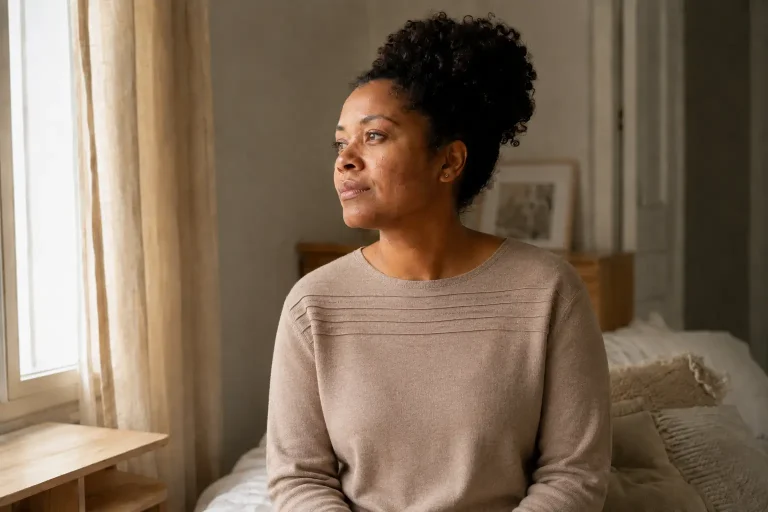 Woman with natural skin texture sitting quietly in a cozy bedroom near a window, reflecting on patience and caring for acne-prone skin