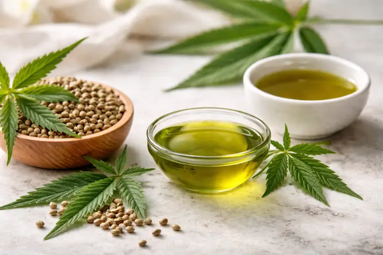 Hemp seed oil with natural green color used in acne-safe skincare