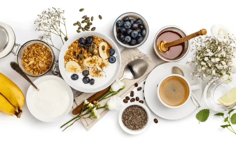 Breakfast spread with yogurt, granola, blueberries, banana, chia seeds, honey, and coffee