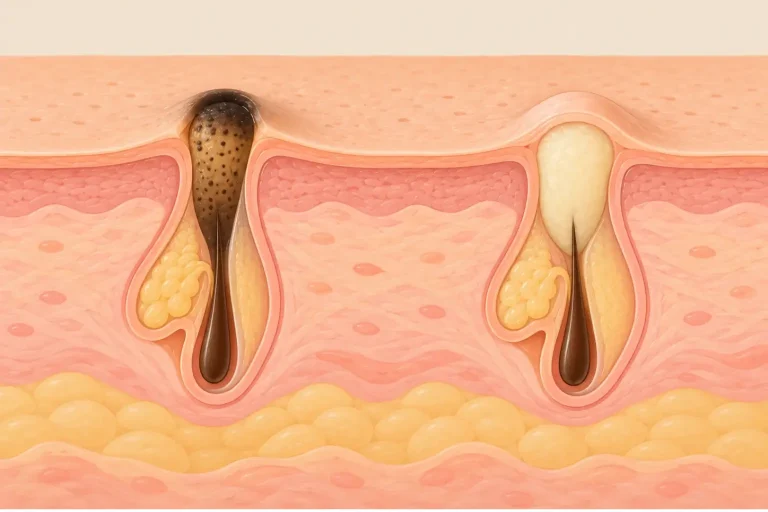 Side-by-side illustration showing an open blackhead and a closed whitehead beneath the skin's surface.