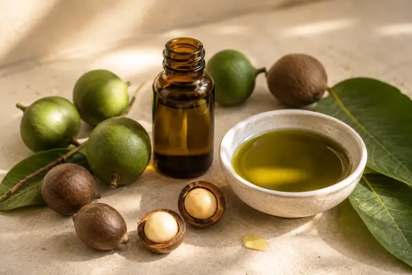 Tamanu oil with natural tamanu fruits, seeds, and leaves arranged on a stone surface for a botanical skincare ingredient spotlight