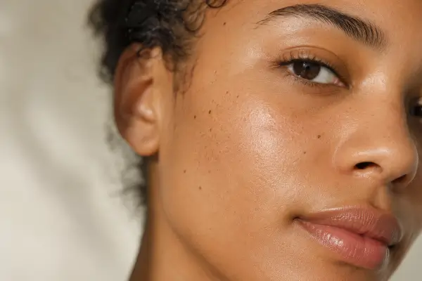 Close-up of a woman of color with natural skin texture and visible pores in soft light