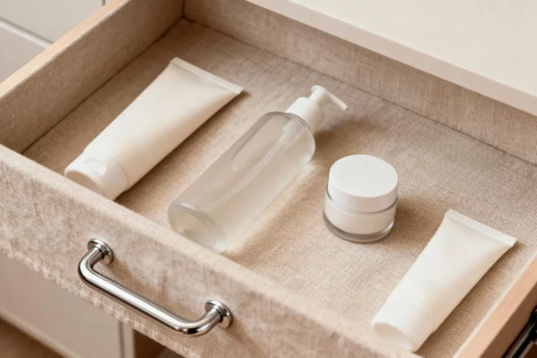 Skincare products neatly organized in a bathroom drawer